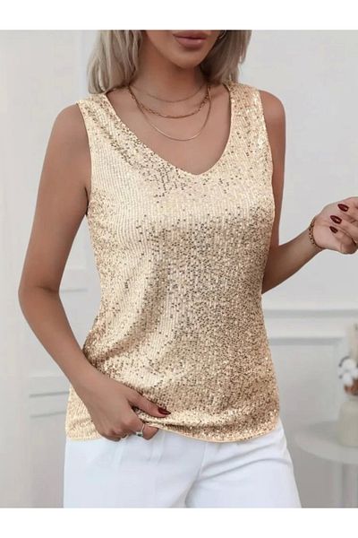 nedo7 Sequin Sequined Zero Sleeve Blouse -Gold