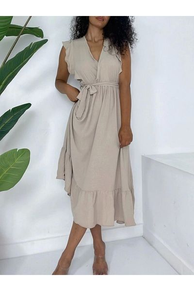 nedo7 Ayrobin Dress with Ruffled Shoulders, Zero Sleeves, Elastic Waist and Lace - Mink