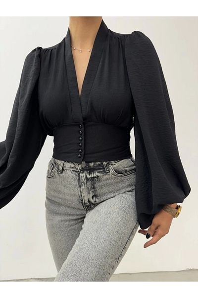 nedo7 Buttoned Balloon Sleeve Sandy Crop with Elastic Back - Black