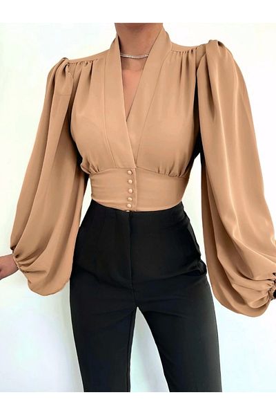 nedo7 Buttoned back elastic balloon sleeve sandy crop -mink