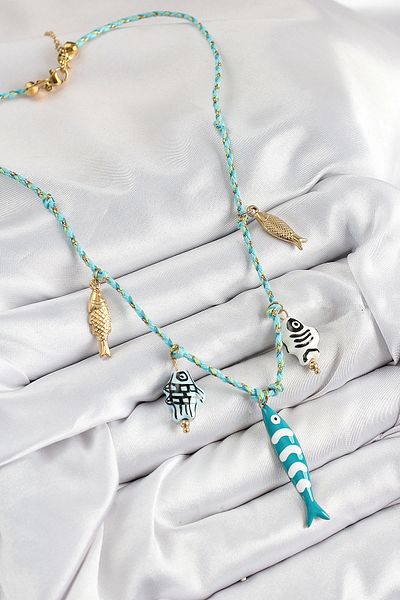 Clariss Ceramic Motif Fish Figured Model Blue Rope Women's Necklace