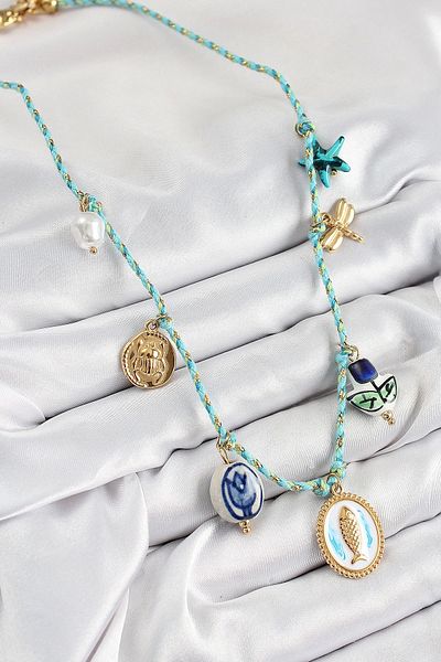 Clariss Ceramic Motif Fish Figured Model Blue Rope Women's Necklace