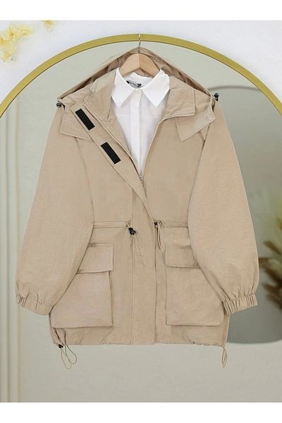 nedo7 Zippered trench coat with elastic laced bag pocket - beige
