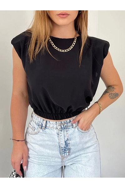 nedo7 Elastic waist blouse with Shoulder Pad shoulder sleeves - black