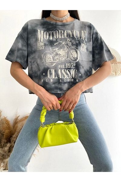 nedo7 Motorcycle Printed Washed Crop T-Shirt -Gray
