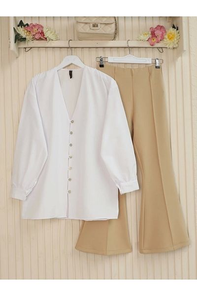 nedo7 Flared elastic waist l Stretch Fabric trousers - beige