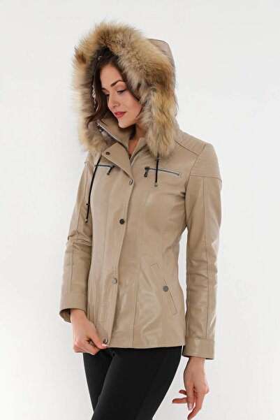 LAKECH LEATHER KADIN KÜRKLÜ ŞAPKALI DERİ CEKET