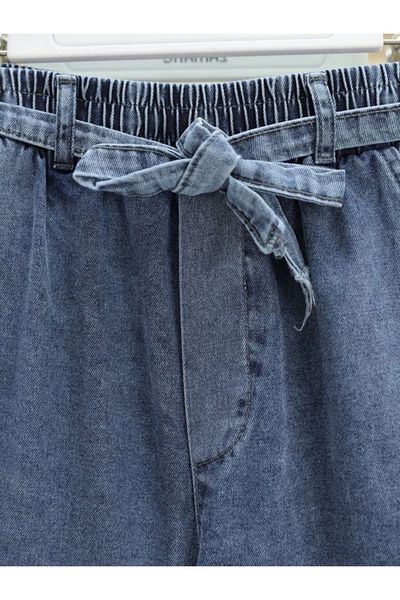 nedo7 Wide Leg Elastic Waist Belted Jeans - Ice Blue