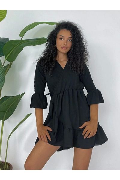 nedo7 Ayrobin Dress with Ruffled Skirt and Sleeves and Elastic Waist - Black