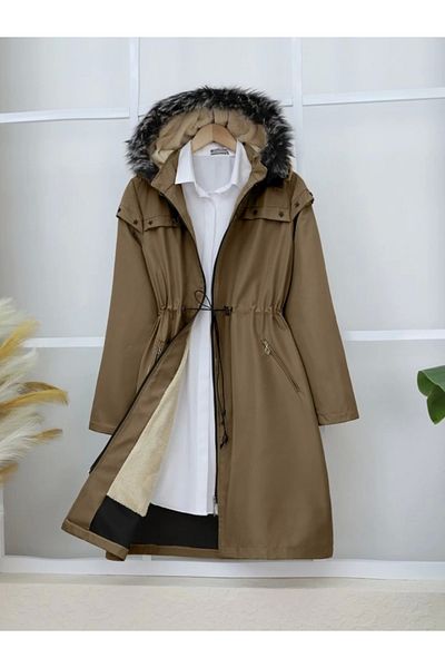 nedo7 Striped Hooded Star Metal Detailed Coat -Tan
