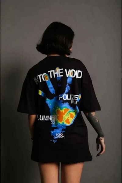 nedo7 Unisex Crew Neck Printed Oversize T-Shirt - Black