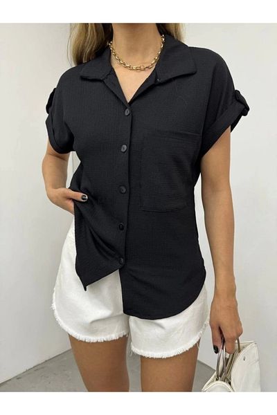 nedo7 Double sleeve single pocket buttoned shirt - black