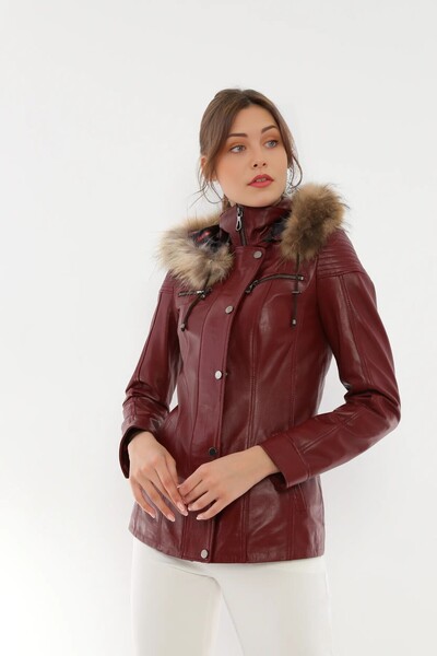 LAKECH LEATHER KADIN KÜRKLÜ ŞAPKALI DERİ CEKET