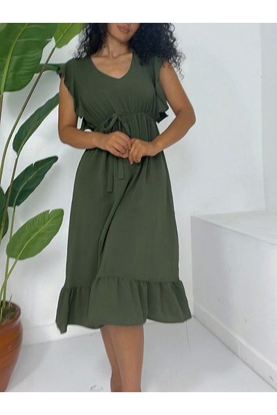 nedo7 Zero Sleeve Midi Length Ayrobin Dress with Ruffles on the Shoulder and Elastic Waist - Khaki