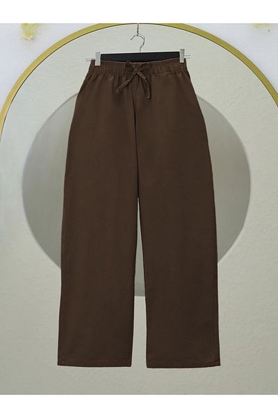 nedo7 Linen Trousers with Lace Detail and Wide Legs with Elastic Waist - Brown