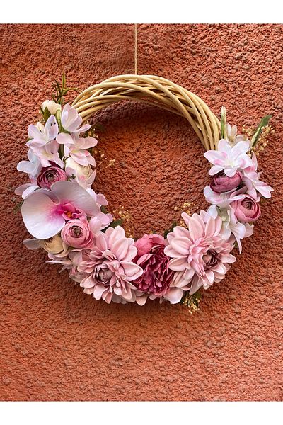 Hobi Stok Door Ornament Wicker Wreath Handmade Decorative Wicker Wreath with Pink Flowers – Home Door Decoration