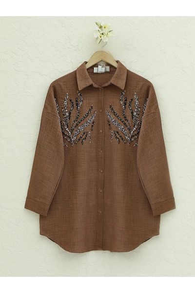 nedo7 Long Shirt with Sequins on the Front - Brown