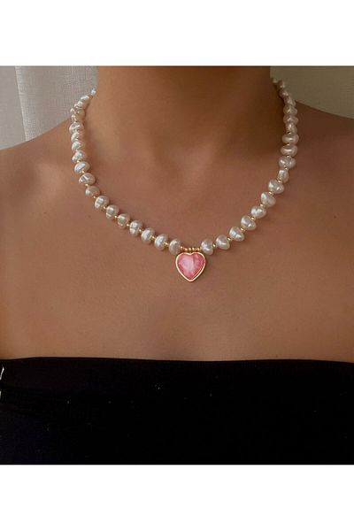 STEELSPARK Pink Heart Pearl Necklace