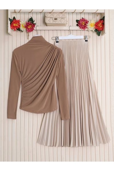 nedo7 Half Neck Gathered Sandy Blouse -Mink