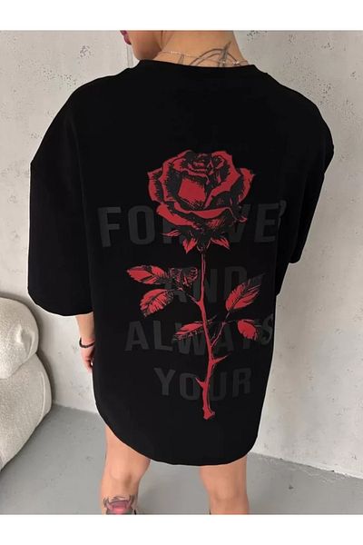 nedo7 Unisex Crew Neck Printed Oversize T-Shirt - Black