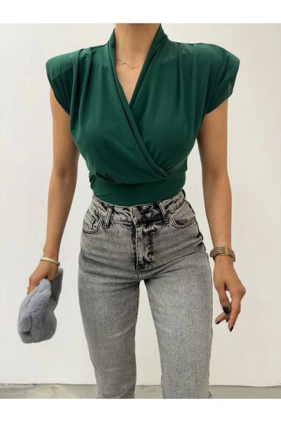 nedo7 Zero sleeve Shoulder Pad piece Double-Breasted model sandy blouse - emerald