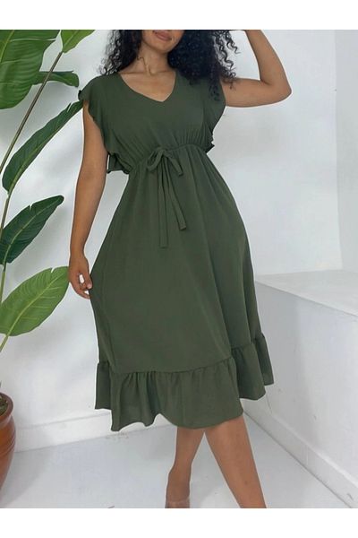 nedo7 Zero Sleeve Midi Length Ayrobin Dress with Ruffles on the Shoulder and Elastic Waist - Khaki