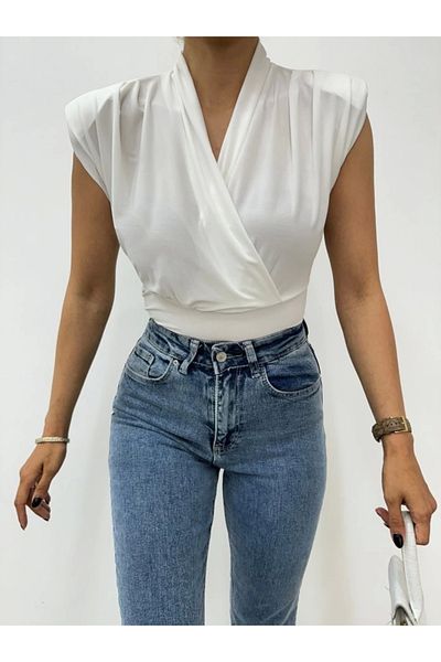 nedo7 Zero sleeve Shoulder Pad piece Double-Breasted model sandy blouse - white