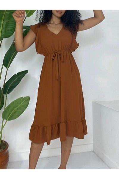 nedo7 Zero Sleeve Midi Length Ayrobin Dress with Ruffles on the Shoulder and Elastic Waist - Tan