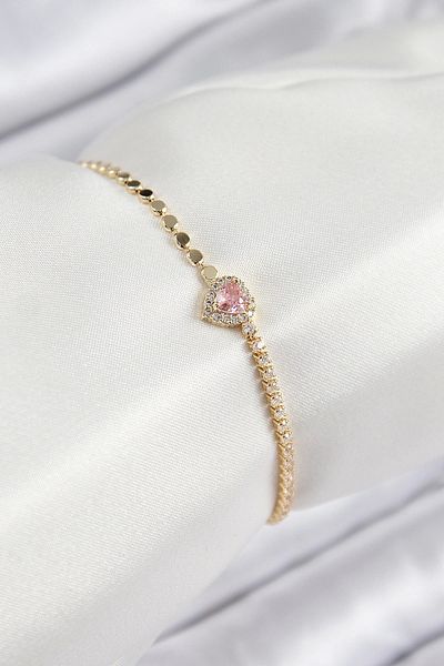 Clariss Brass Zircon Stone Heart Model Crushed Chain Gold Color Women's Bracelet