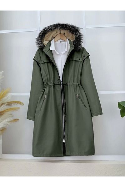 nedo7 Striped Hooded Star Metal Detailed Coat - Khaki