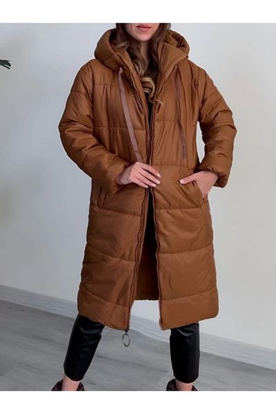 nedo7 Hooded Lace Detailed Zippered Puffer Jacket - Tan