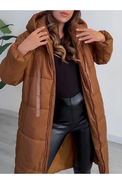 nedo7 Hooded Lace Detailed Zippered Puffer Jacket - Tan