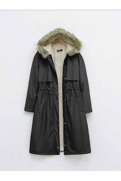 nedo7 Plush Inside Fixed Hooded Tunnel Lace up Long Coat -Black