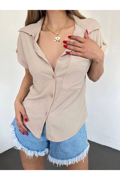 nedo7 Double Sleeve Single Pocket Wrinkle Shirt - Beige