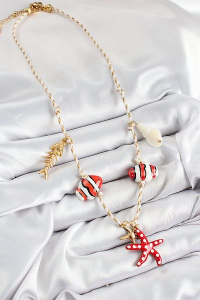 norsary Ceramic Motif Starfish Figured Model Cream Thread Women's Necklace