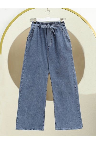 nedo7 Wide Leg Elastic Waist Belted Jeans - Ice Blue