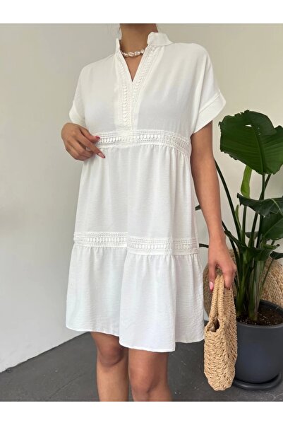 nedo7 V-neck ribbed ayrobin dress -white