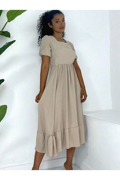 nedo7 Square Neck Elastic Waist Short Sleeve Ayrobin Dress - Mink