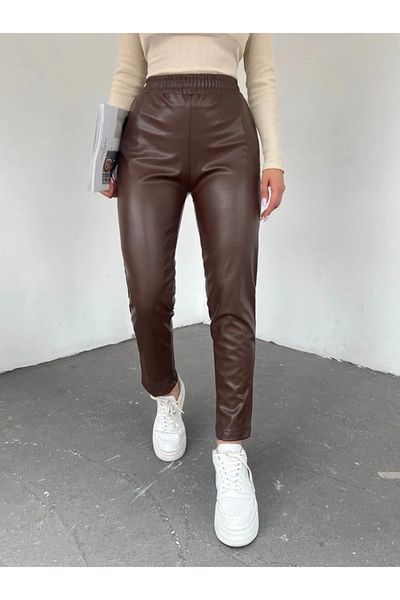 nedo7 Elastic Waist Leather Trousers - Brown