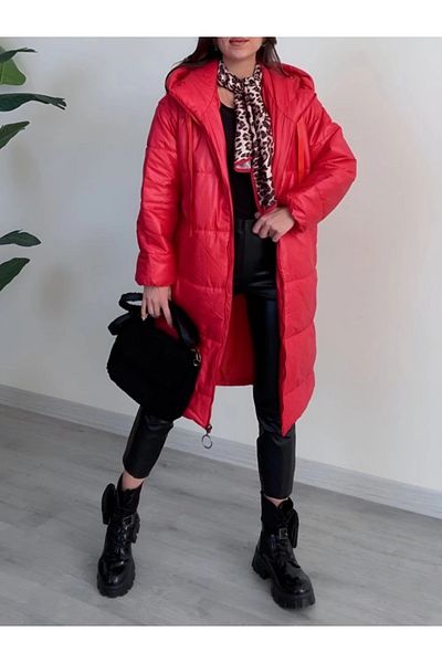 nedo7 Hooded Lace Detailed Zippered Puffer Jacket - Red