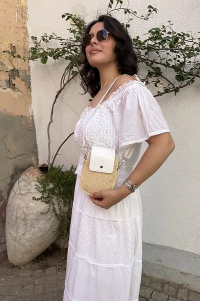 LEONAS Mini geantă de umăr și crossbody cu capac din piele cu detalii din paie Jeremi White
