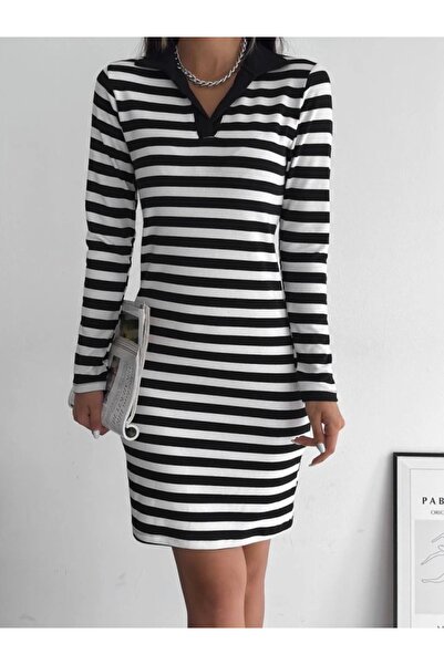 nedo7 Collared Striped Long Sleeve Dress -Black