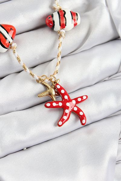 norsary Ceramic Motif Starfish Figured Model Cream Thread Women's Necklace