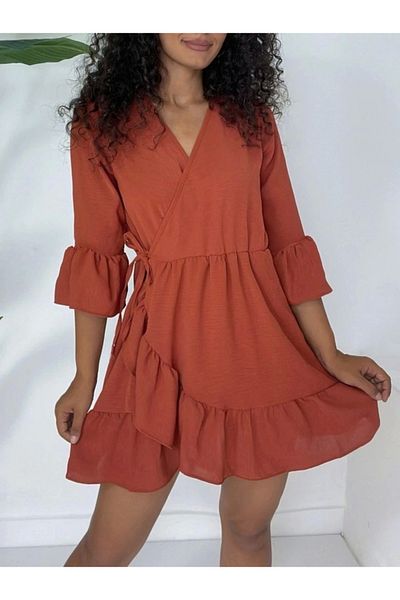 nedo7 Ayrobin Dress with Ruffled Skirt and Sleeves and Elastic Waist - Tile