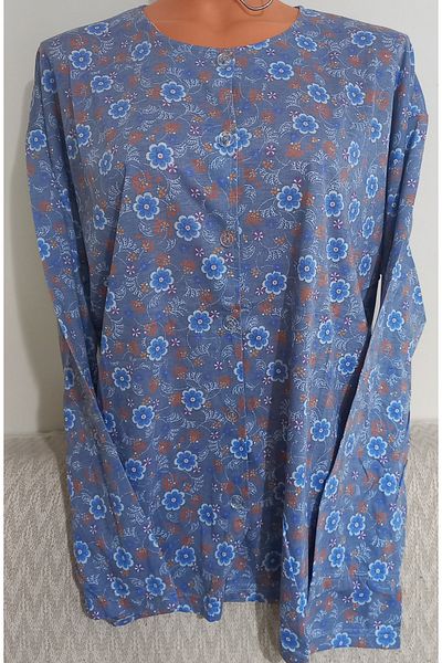 Anne Er Clothing Paper Print Combed Cotton Blouse Long-Sleeve Crew Neck Button Print