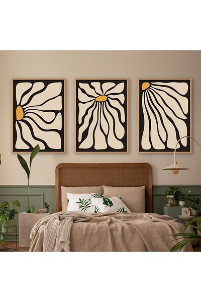 NT Handmade Εκτύπωση UV με φυσικό ξύλινο πλαίσιο 3 τεμαχίων αφηρημένη ζωγραφική τοίχου μαργαρίτας – Μοντέρνα και κομψή διακόσμηση τοίχου