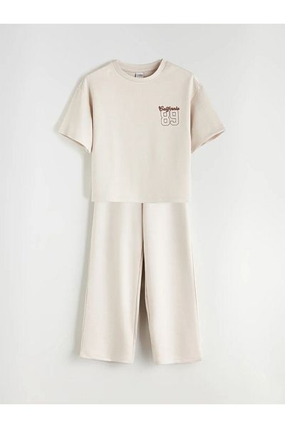 LC Waikiki Lcw Kids Beige Crew Neck Girls T-Shirt and Pants