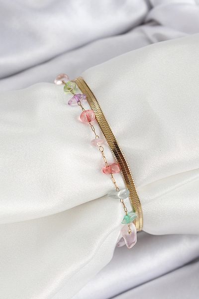 MBB ETİCARET 316L Steel Gold Color Crystal Mixed Color Stone Women's Bracelet - Tj-Bb7091