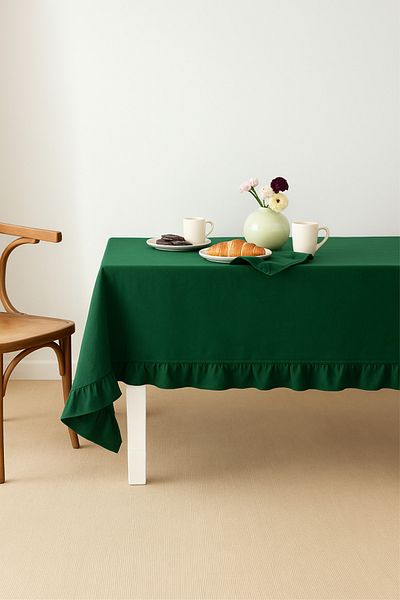 Mirilliahome مفرش طاولة من الكتان الخام المكشكش – مفرش طاولة أخضر