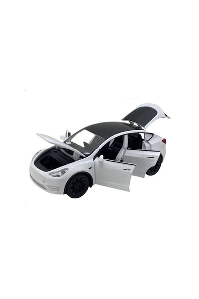 OEM Mașină mecanică din metal, Tesla Model Y 2022, scară 1:28, sunete, uși mobile, capotă, portbagaj, alb